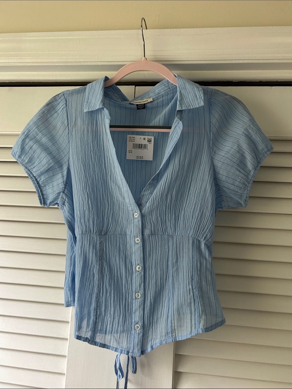 American Eagle  Light Blue Crinkle Button-Down Short Sleeve Top NWT